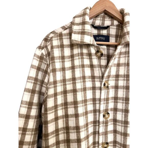 Buffalo David Bitton Large Flannel Cream Brown Plaid Long Line Shacket Cabincore - Picture 6 of 11